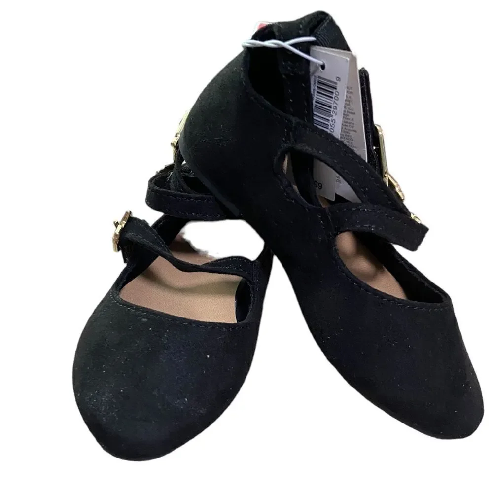 Old Navy Toddler Girls Black Suede Mary Jane Flats Cat Buckle Hook & Loop Size 6